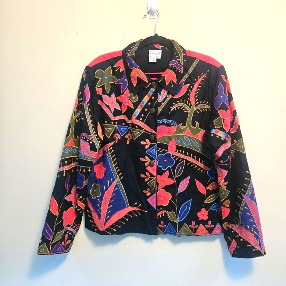 FLORRISANT New York Blouson Floral Jacket Black Multi Womens Large Vintage Artsy